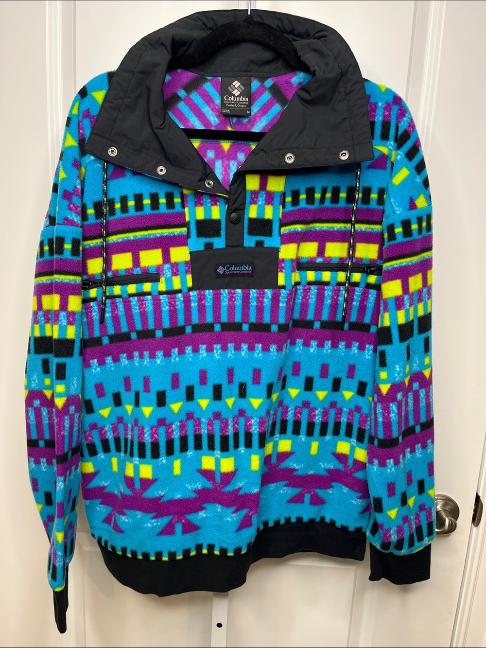 Columbia Turquoise, Purple & Yellow Mens' Patterned Fleece Pullover Medium